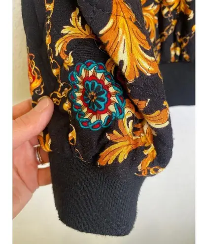 First Option Vintage Status Print Quilted Zipper Jacket EUC Sz M Rayon Gold Blk Size M