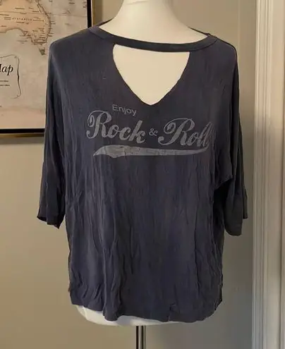 rock'n roll Cutest Long V Cut Beck Blue “Enjoy  “ Short Sleeve Flowy Top - Image 1