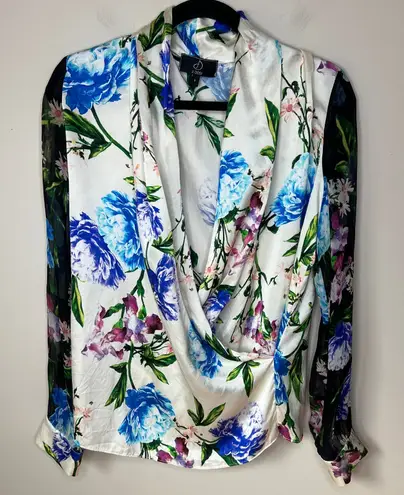 J. Dosi LA Celebrity Fashion Designer Silk Floral Long Sleeve Blouse Top Size 1 White Size M