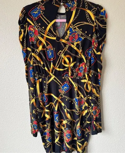 Vintage 90s Black Blue Equestrian Print Mini Dress Womens L Horse Lion Chain Size L