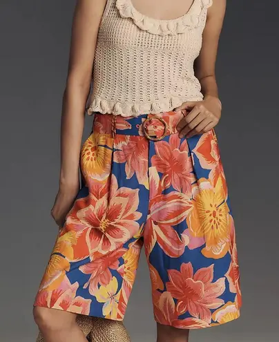 Farm Rio x Anthropologie Linen Blend Belted Floral Bermuda Shorts NWT - size S