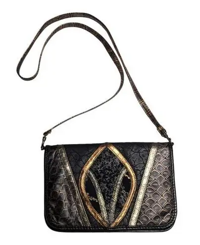 Vtg 1990s Black Metallic Bronze Croc Embossed Leather Top Flap Shoulder Bag