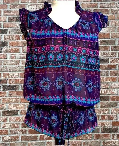 Ali & Kris sheer blue & purple floral, ruffled top / S / Excellent condition
