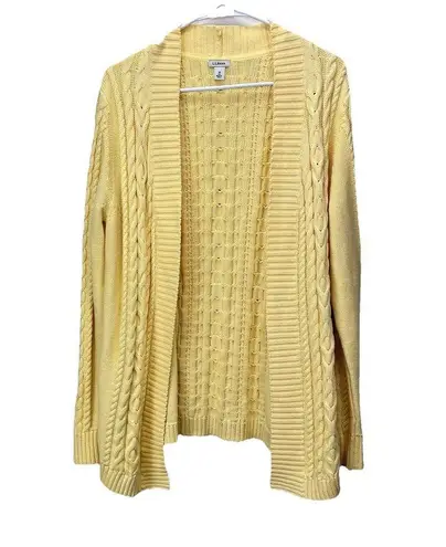 LL Bean Butter Yellow Double L Mixed Cable Open Front Cardigan Sweater MEDIUM