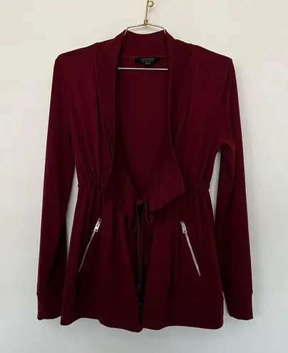 All Saints Jacket Gina Drape Open Front Long Sleeve Size XS-O Burgundy Marron