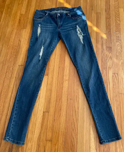Krembo Distressed Ripped Embellished Bling Rhinestone Blue Skinny Jeans, size 13
