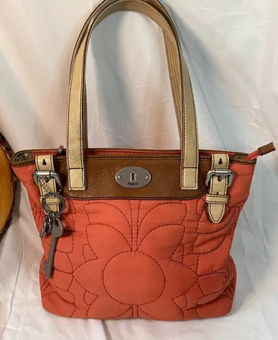 Fossil  Key-Par Coral Quilted Handbag Tote with leather trim double handles - Image 1