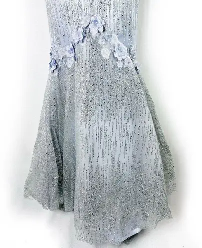 PORTIA AND SCARLETT Ice Queen Blue Silver Glitter Flower Halter Mermaid Gown 0