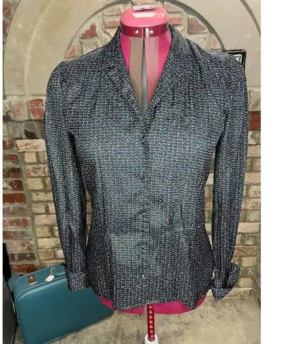 Button Down blouse abstract pattern black blue purple yellow kitten bow Size M