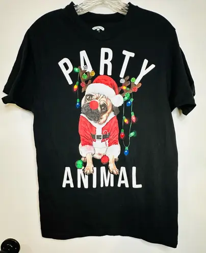 Holiday Time Party Animal Pug Dog Christmas Lights Santa Graphic T-shirt Black S
