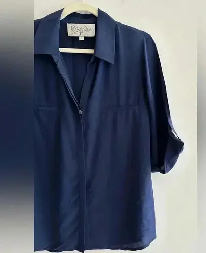 Rory Beca 100% Silk Camp Double Breast Pocket Button Down Shirt, Navy Blue