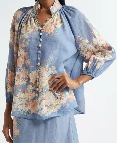 Zimmermann Cascadian Billow Linen Button-Up Shirt Botanical Blue Floral