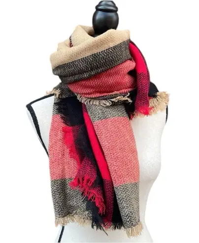 Oversized Plaid Fringe Warm Cozy Winter Fall Scarf Red Black Tan