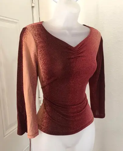 90s/2000s Vintage brown burgundy red shimmery ruched V