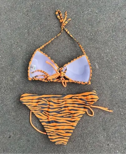 Vintage Y2K True Crush Orange Tiger Stripe Triangle Pushup Bikini Small/Medium