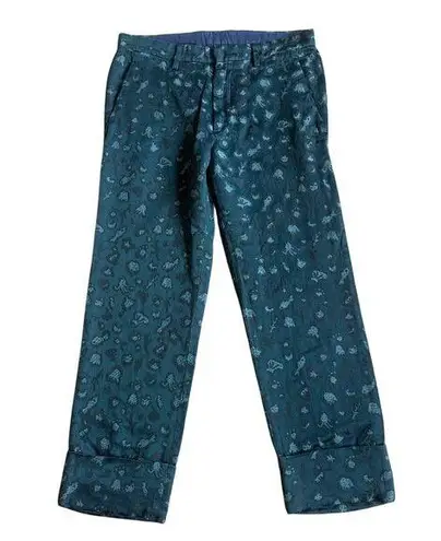 Tsumori Chiatso Cropped Length Slacks Pants Teal Print Trousers Size 10 Women's Green