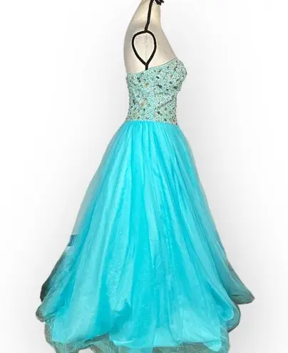Terani Couture Formal Gown Women's Med Blue Embellished Strapless A-Line Maxi