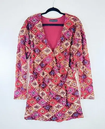 Endless Rose Women Dress Pink Mini V Neck Overall Sequin Long Sleeve Party Large