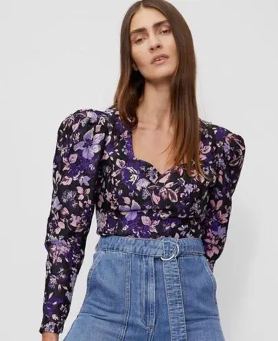 NWT ROHE Fiona Puff sleeve brocade blouse sweetheart neck sz 38 Black