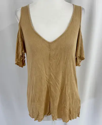 LA Made New  Cold Shoulder V-Neck Alexa T-Shirt Ribbed Knit Bronze