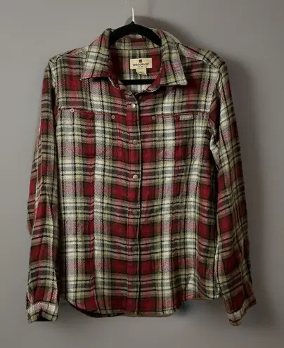 Woolrich Womens Plaid Flannel Shirt Red Tan Green Long Sleeve Casual Size Medium