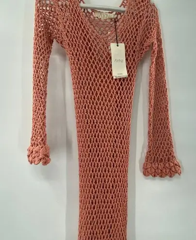 NEW AYNI IMAC Crochet Mesh Maxi Dress Side Slits Pima Cotton Medium Coral Knit Pink