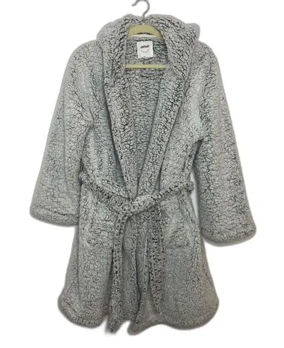 Aerie Gray Sherpa Hooded Belted Robe Cozy Fleece Spa Lounge Warm Pockets Bath M Size M