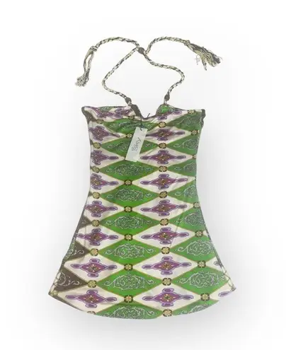 aso TV’s 90210 ✦ Sky ✦ Jeweled Neck Bold Print Silk Halter Top ✦ Braided Straps Size XS