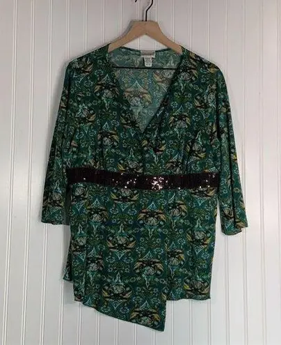 Fashion Bug Plus Size 18/20 Green Boho Tunic Top Asymmetrical Hem Sequin Waist