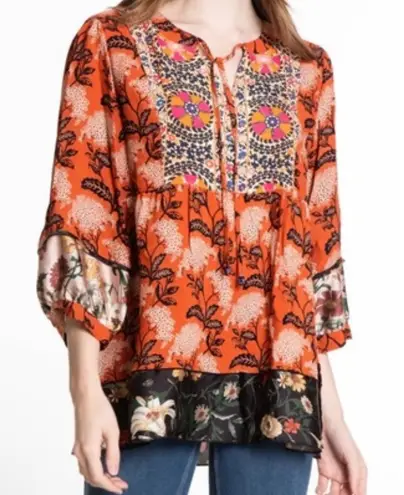 John Mark Orange Floral Embroidered Tunic Top Blouse Women's XL Mixed Media