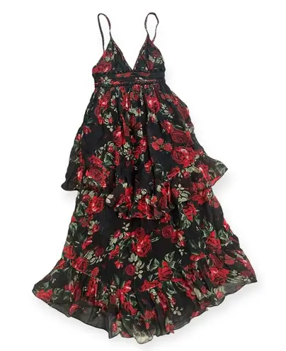 Rococo Sand Tiered Maxi Dress, Black Red Roses, Size XS New w/Tag $478 SOLD OUT