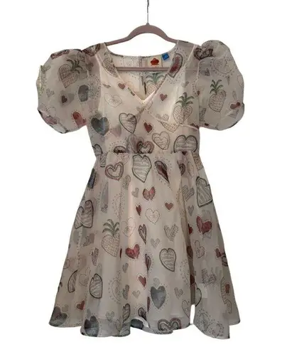 Farm Rio Anthropologie Heart Print Similar Sheer Puff Sleeve Mini Dress Size Sm