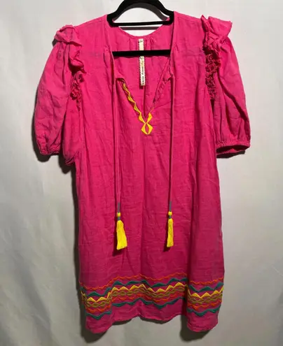 Uncle Frank Anthropologie Hot Pink 100% Linen Dopamine Dress Boho Puff Sleeves M