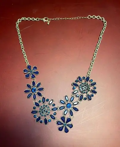Bib Blue Floral Flowers Statement Necklace Art Deco Design Lobster Adjustable