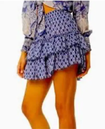 MISA Los Angeles Nahla Blue White Ruffled Mini Skirt Tiered Smocked Waist M