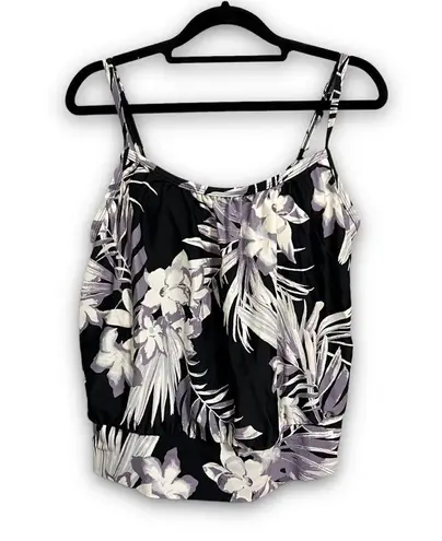Kona Sol Blouson Tankini Top Black White Tropical Floral Pattern NWOT S