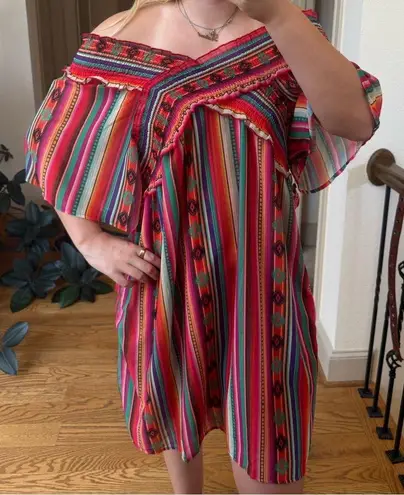 Off the shoulder colorful serape western cowgirl style midi dress Red Size L