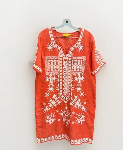 Roberta Roller Rabbit Sweating Orange White Embroidered Linen Tunic Dress Size L