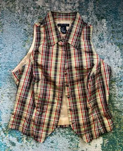 Vintage Limited sleeveless silk taffeta plaid button down blouse, size XS