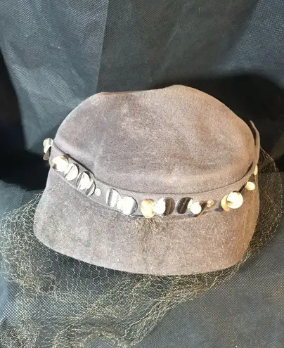 Vintage Genuine Velour Gray Hat with Veil & Beaded Trim Size 22