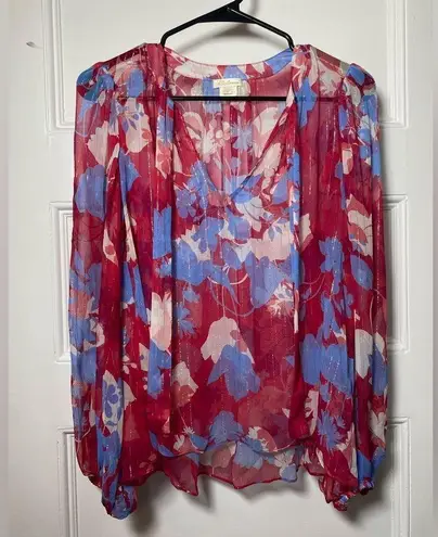 Shoshanna Floral Tie-Neck Long Sleeve Sheer Blouse Pink/Blue Sz Small