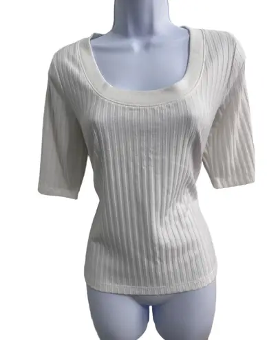 Evereve White Ribbed Square Neckline Half Sleeve Modern Top Size Large