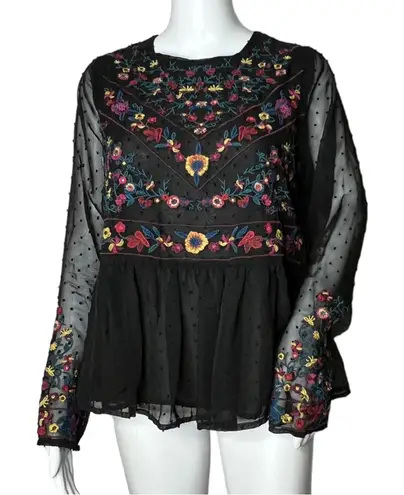 Allison New York Blouse Womens Medium Peplum Blouse Black Embroidered Floral