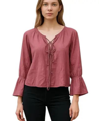 WAYF NWT Bell Sleeve Tie Front Pink Cotton Peasant Top Sz XS Castle Core Cosplay