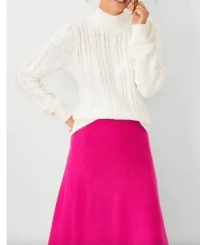 Ann Taylor  Chunky Cable Knit Mock Neck Puff Sleeve Sweater Preppy White XS