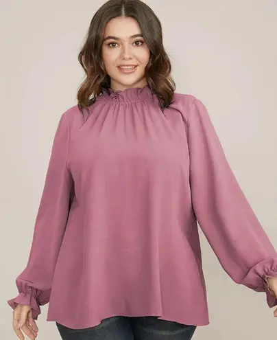 Bloomchic  Plain Lantern Sleeve Ruffle Trim Mock Neck Mauve Blouse 22 24 3X NWT