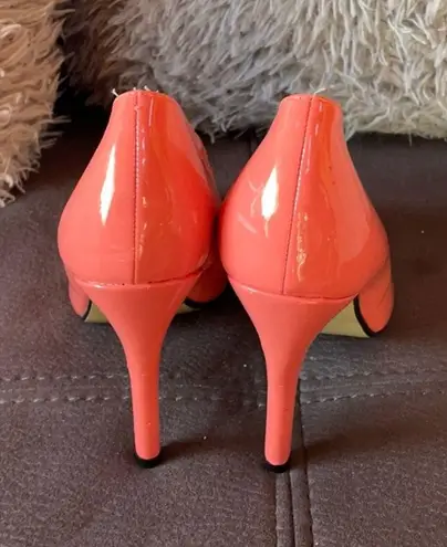 PINK KEY Shiny Coral Color Peep Toe Heels Size 7