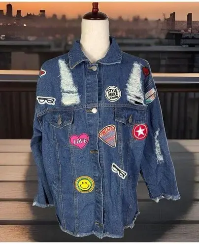 Boho VTG Style Distressed Patched Denim Fringed Raw Hem Oversized Jacket Size S - Image 1