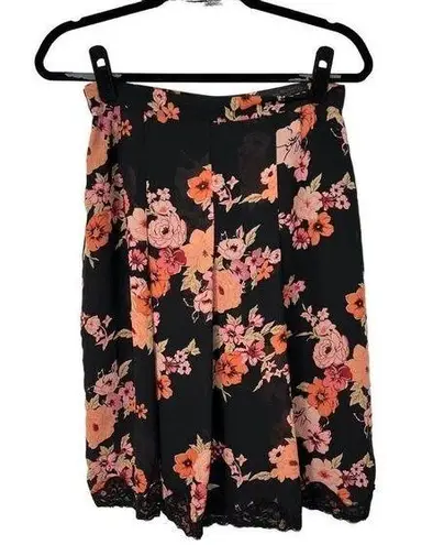 Notations Black Orange Floral Lace Trim Pleated Skirt