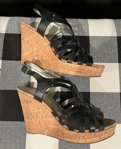 Guess Genuine Leather Platform Wedge Sandals Black Sz 9.5 Excellent Condition